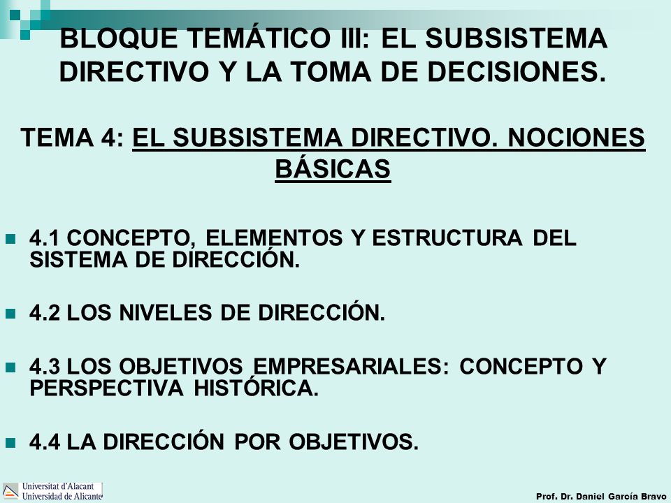 BLOQUE TEMÁTICO III: EL SUBSISTEMA DIRECTIVO Y LA TOMA DE DECISIONES