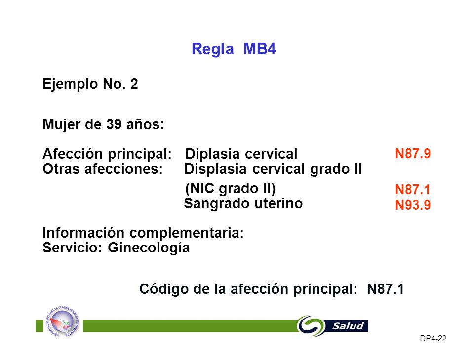 Regla MB4 Ejemplo No. 2. Mujer de 39 años: Afección principal: Diplasia cervical Otras afecciones: Displasia cervical grado II.