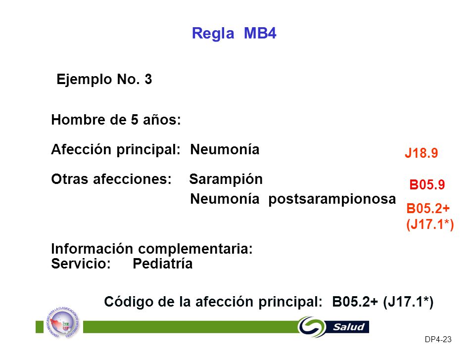 Regla MB4 Ejemplo No. 3. Hombre de 5 años: Afección principal: Neumonía Otras afecciones: Sarampión.