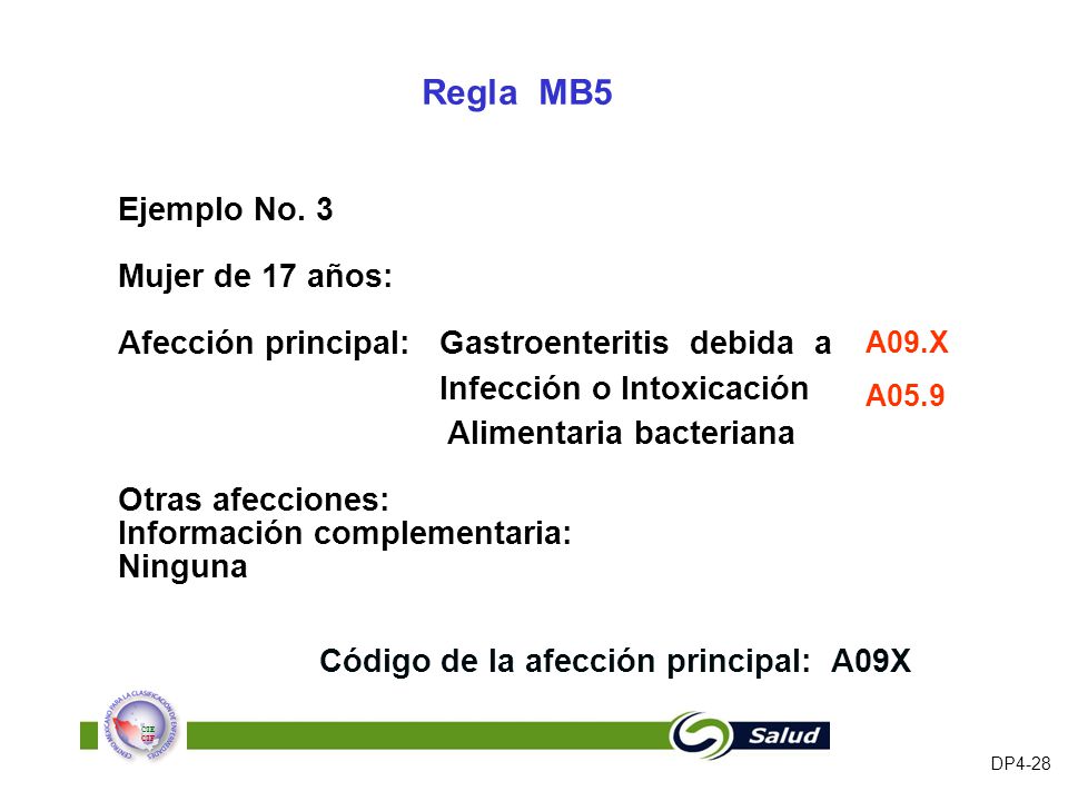 Regla MB5 Ejemplo No. 3. Mujer de 17 años: Afección principal: Gastroenteritis debida a. Infección o Intoxicación.