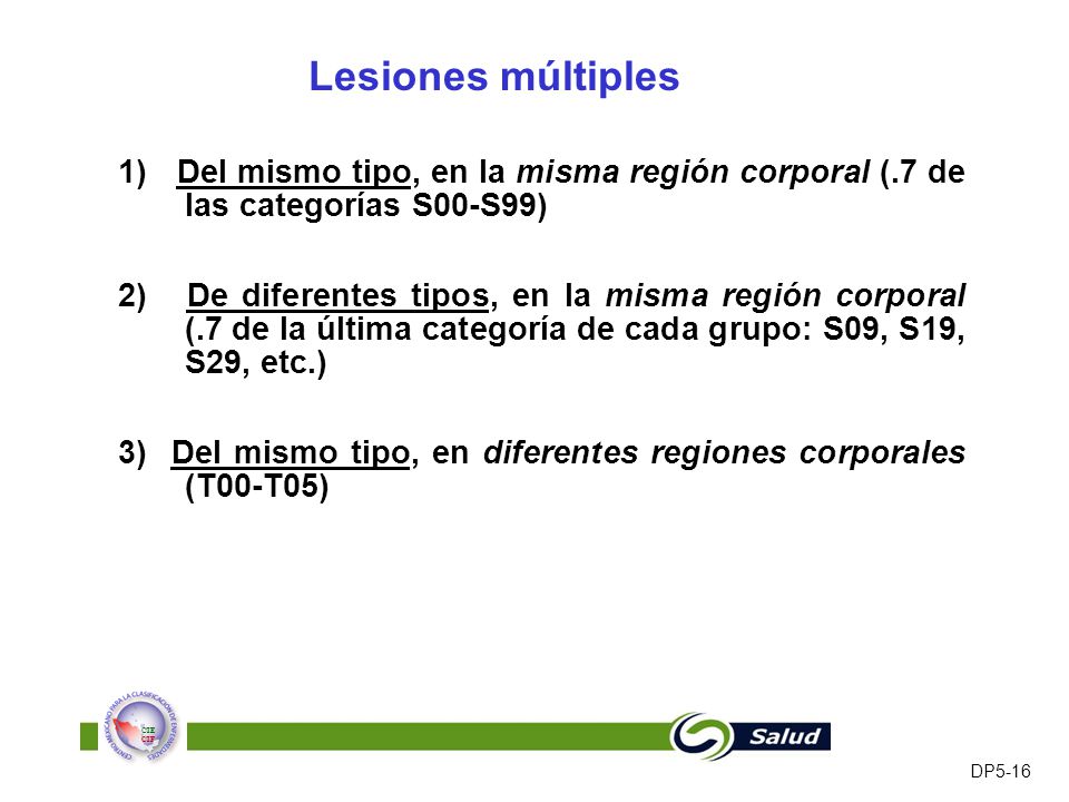 Lesiones múltiples 1) Del mismo tipo, en la misma región corporal (.7 de las categorías S00-S99)