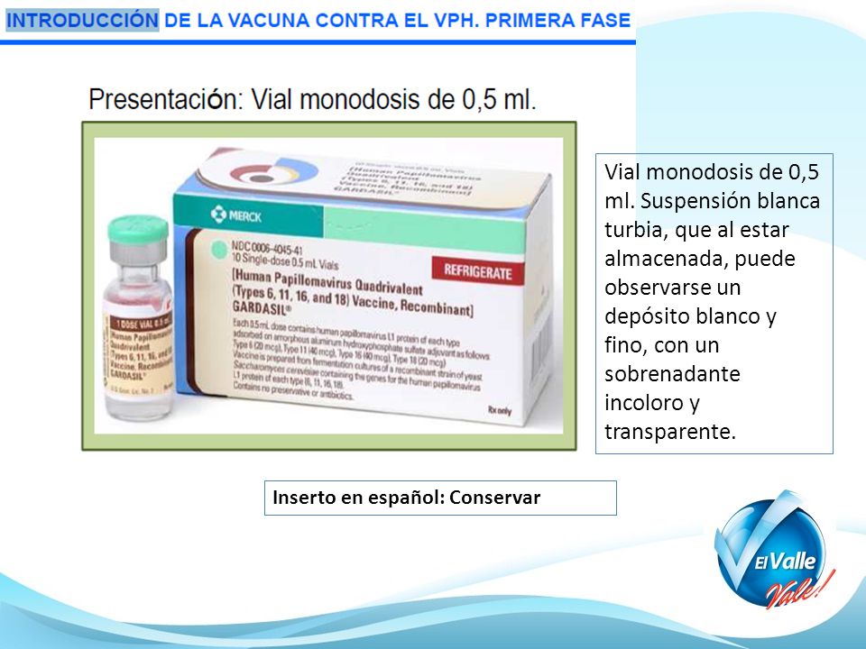 Vial monodosis de 0,5 ml. Suspensión blanca turbia, que al estar almacenada, puede observarse un depósito blanco y fino, con un sobrenadante incoloro y transparente.