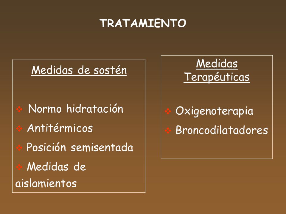 TRATAMIENTO Medidas Terapéuticas. Oxigenoterapia. Broncodilatadores. Medidas de sostén. Normo hidratación.