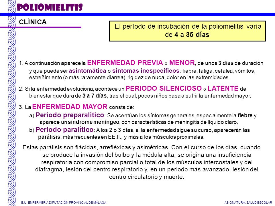 El período de incubación de la poliomielitis varía de 4 a 35 días