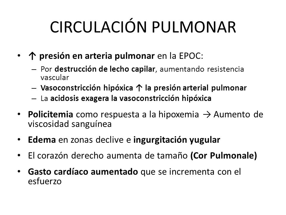 CIRCULACIÓN PULMONAR ↑ presión en arteria pulmonar en la EPOC: