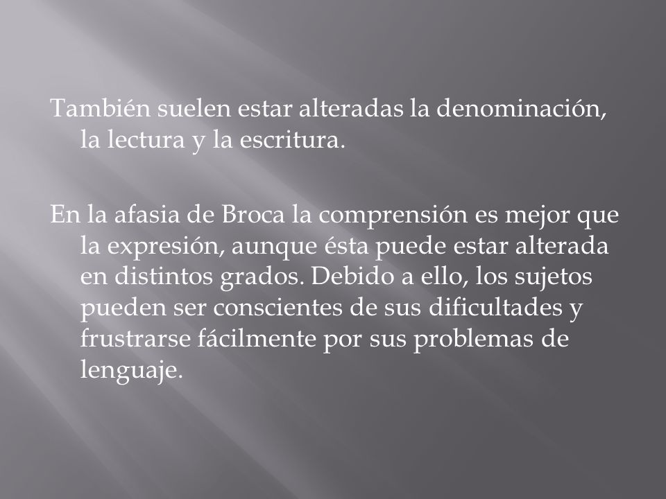 También suelen estar alteradas la denominación, la lectura y la escritura.