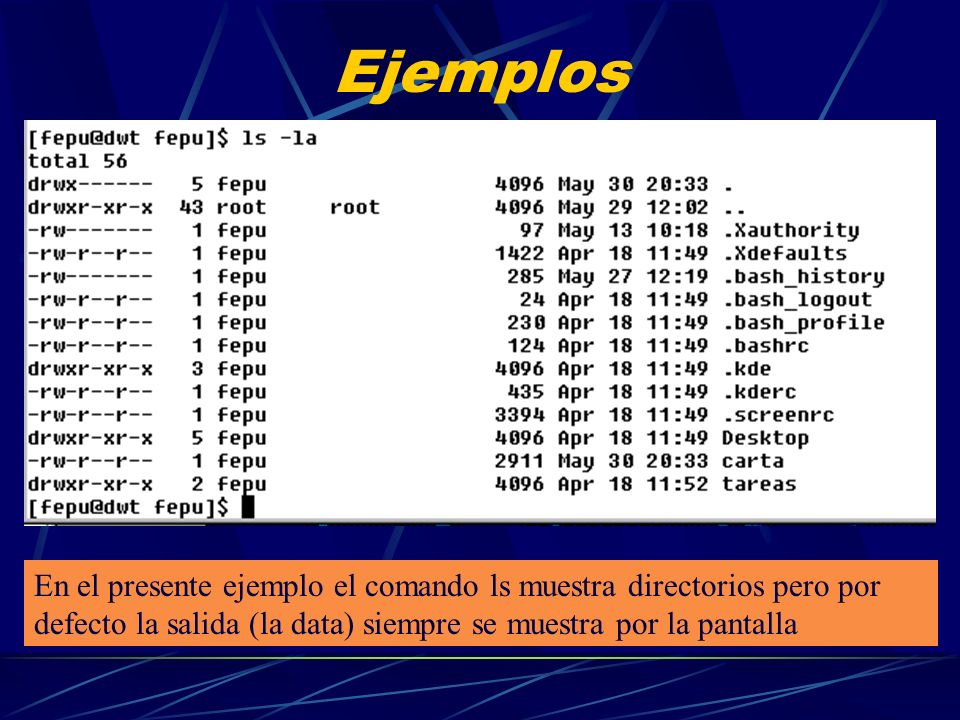 Ejemplos En el presente ejemplo el comando ls muestra directorios pero por defecto la salida (la data) siempre se muestra por la pantalla.