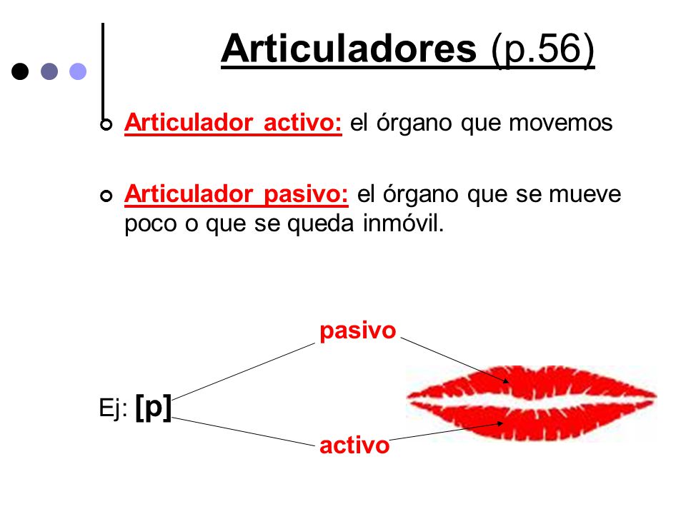 Articuladores (p.56) Articulador activo: el órgano que movemos