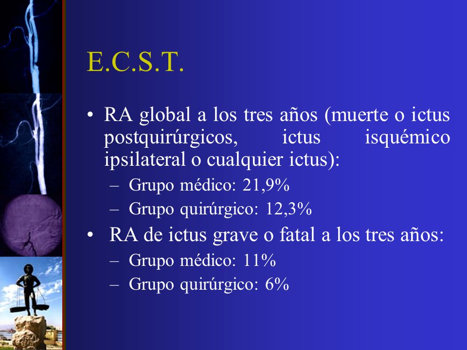 E.C.S.T. RA global a los tres años (muerte o ictus postquirúrgicos, ictus isquémico ipsilateral o cualquier ictus):