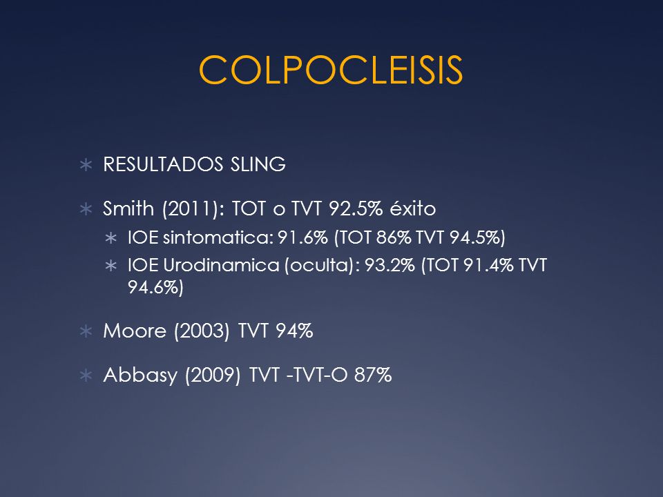 COLPOCLEISIS RESULTADOS SLING Smith (2011): TOT o TVT 92.5% éxito