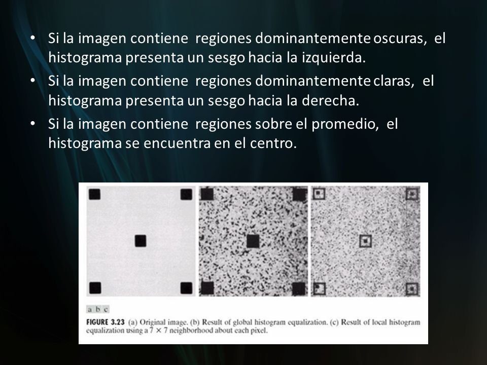 Si la imagen contiene regiones dominantemente oscuras, el histograma presenta un sesgo hacia la izquierda.