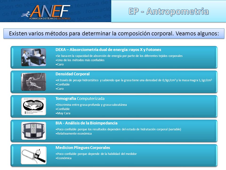 EP - Antropometria Existen varios métodos para determinar la composición corporal. Veamos algunos: