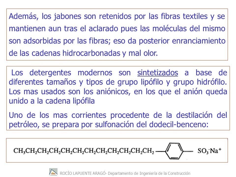 Además, los jabones son retenidos por las fibras textiles y se mantienen aun tras el aclarado pues las moléculas del mismo son adsorbidas por las fibras; eso da posterior enranciamiento de las cadenas hidrocarbonadas y mal olor.