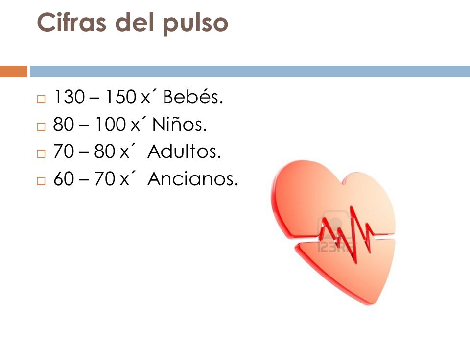 Cifras del pulso 130 – 150 x´ Bebés. 80 – 100 x´ Niños.