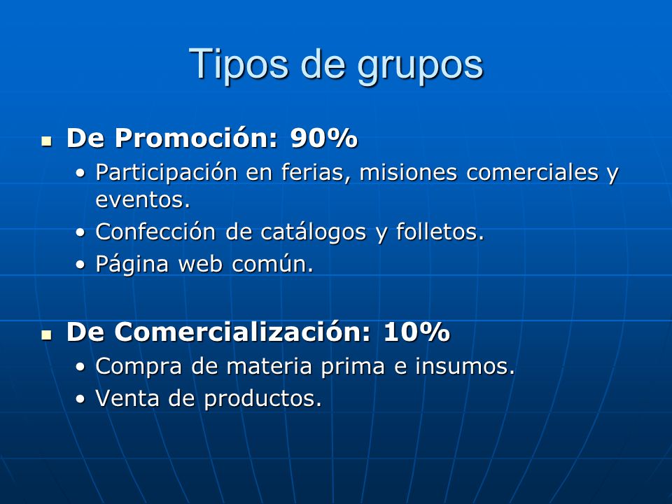Tipos de grupos De Promoción: 90% De Comercialización: 10%