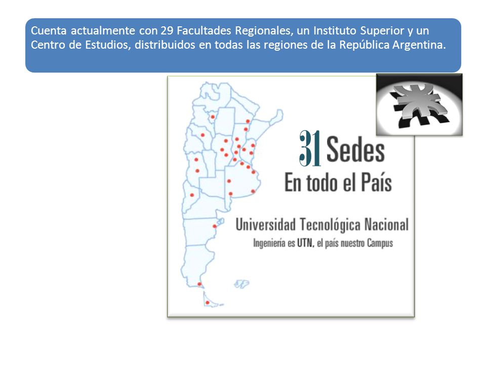 Cuenta actualmente con 29 Facultades Regionales, un Instituto Superior y un Centro de Estudios, distribuidos en todas las regiones de la República Argentina.