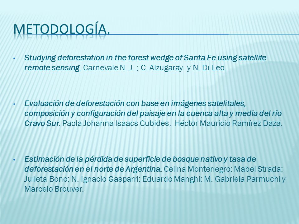 Metodología. Studying deforestation in the forest wedge of Santa Fe using satellite remote sensing. Carnevale N. J. ; C. Alzugaray y N. Di Leo.