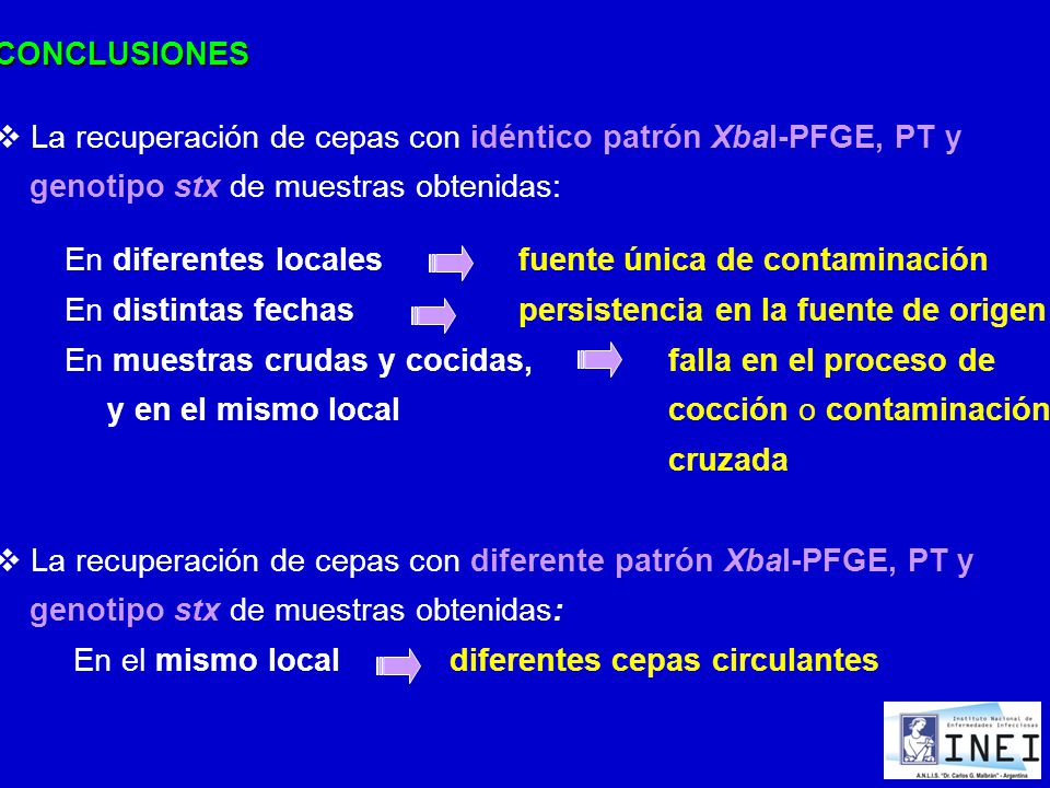CONCLUSIONES La recuperación de cepas con idéntico patrón XbaI-PFGE, PT y. genotipo stx de muestras obtenidas: