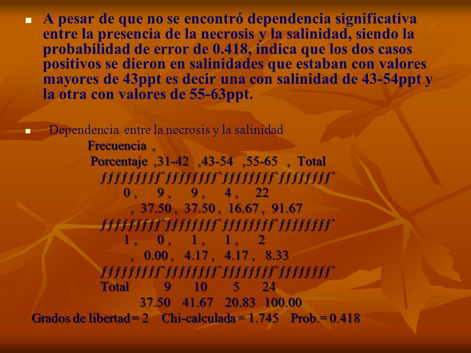 A pesar de que no se encontró dependencia significativa entre la presencia de la necrosis y la salinidad, siendo la probabilidad de error de 0.418, indica que los dos casos positivos se dieron en salinidades que estaban con valores mayores de 43ppt es decir una con salinidad de 43-54ppt y la otra con valores de 55-63ppt.