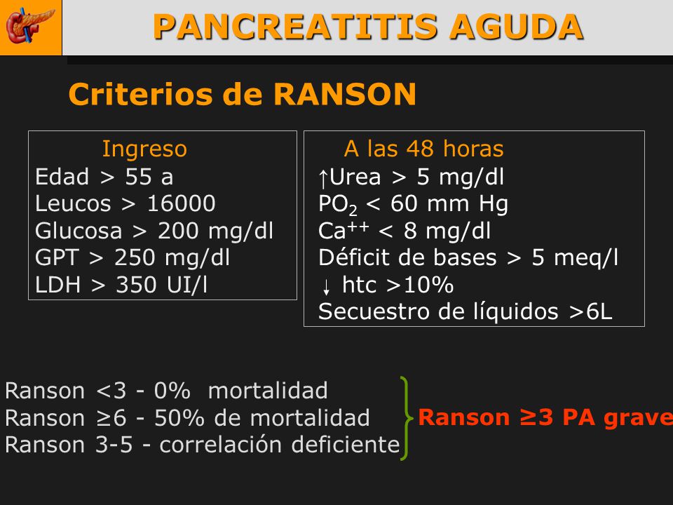 PANCREATITIS AGUDA Criterios de RANSON Ingreso Edad > 55 a