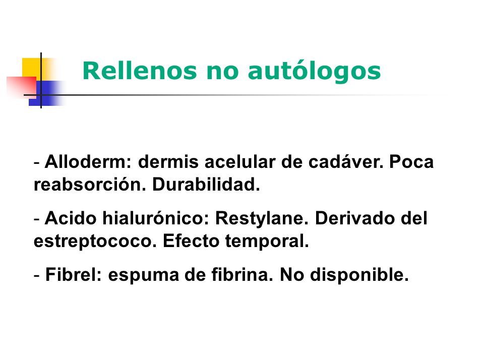 Rellenos no autólogos Alloderm: dermis acelular de cadáver. Poca reabsorción. Durabilidad.