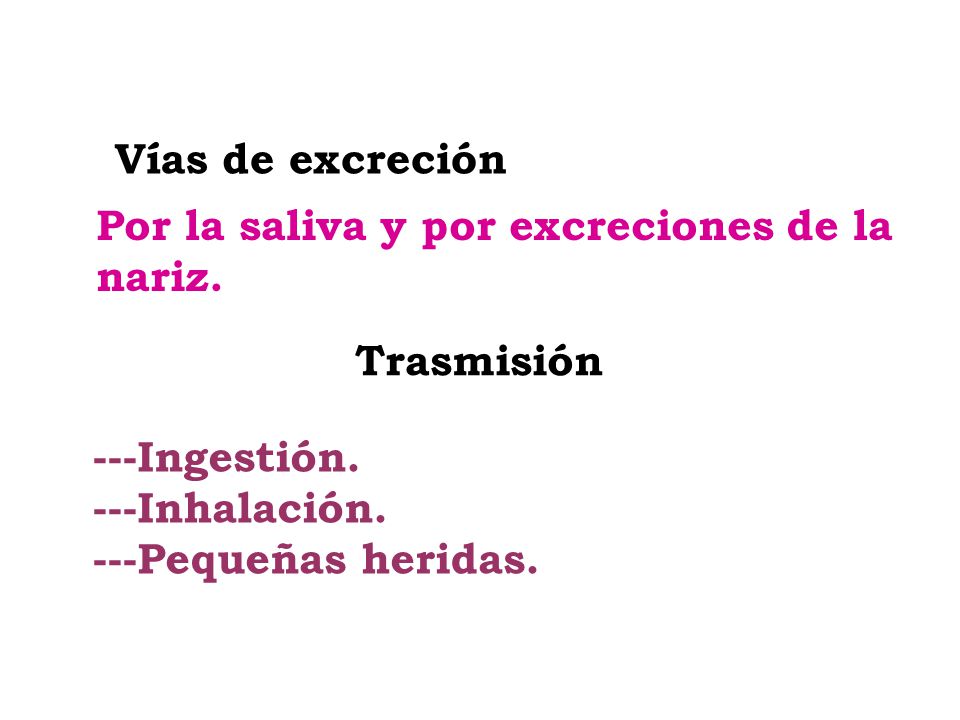 Vías de excreción Por la saliva y por excreciones de la. nariz. ---Ingestión. ---Inhalación. ---Pequeñas heridas.