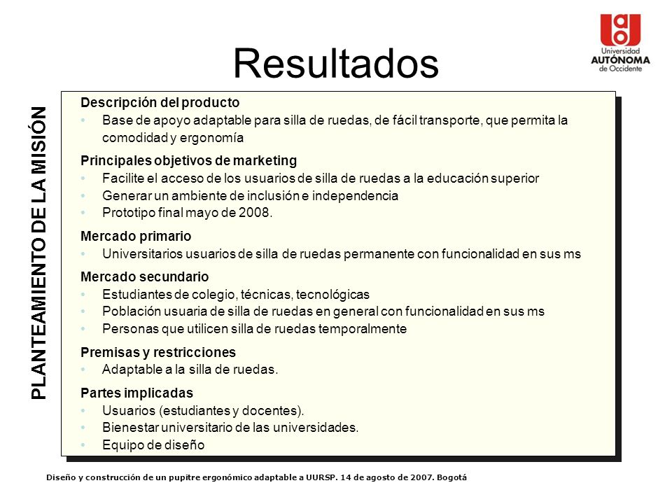 Resultados PLANTEAMIENTO DE LA MISIÓN Descripción del producto