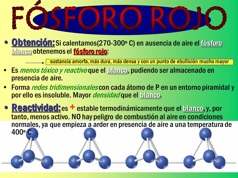 FÓSFORO ROJO Obtención: Si calentamos( º C) en ausencia de aire el fósforo blanco obtenemos el fósforo rojo: