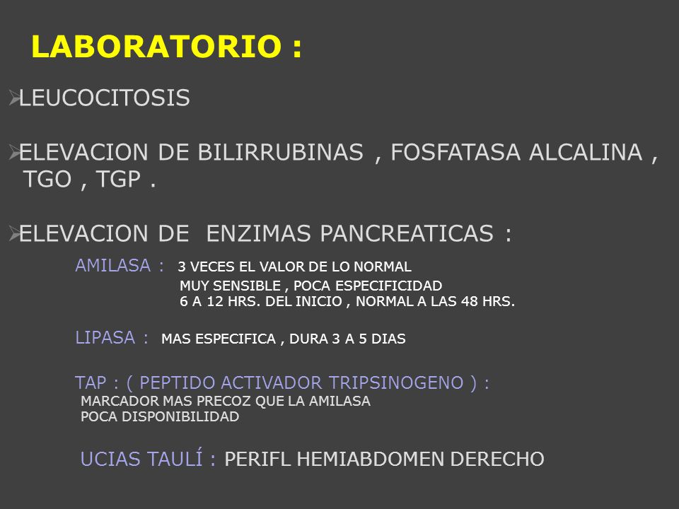 LABORATORIO : AMILASA : 3 VECES EL VALOR DE LO NORMAL LEUCOCITOSIS
