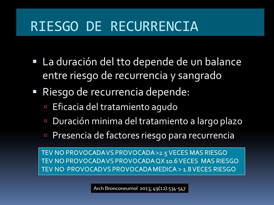 RIESGO DE RECURRENCIA La duración del tto depende de un balance entre riesgo de recurrencia y sangrado.