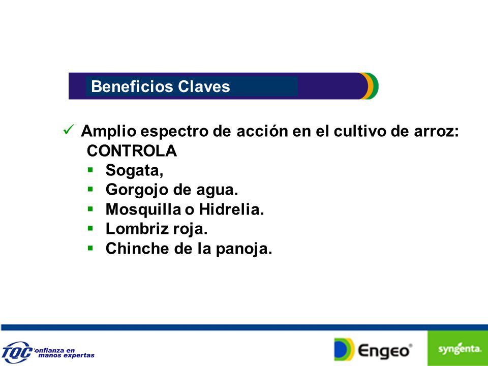 Beneficios Claves Amplio espectro de acción en el cultivo de arroz: CONTROLA. Sogata, Gorgojo de agua.