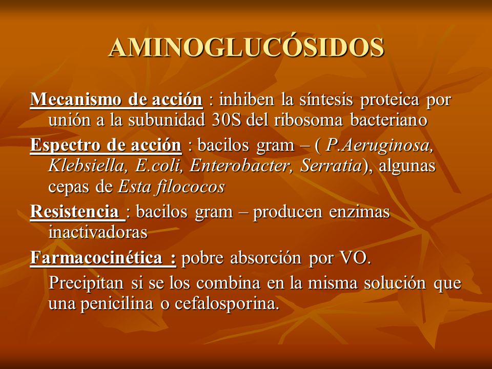 AMINOGLUCÓSIDOS Mecanismo de acción : inhiben la síntesis proteica por unión a la subunidad 30S del ribosoma bacteriano.