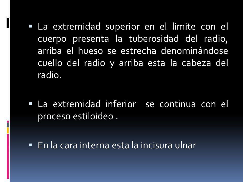 La extremidad superior en el limite con el cuerpo presenta la tuberosidad del radio, arriba el hueso se estrecha denominándose cuello del radio y arriba esta la cabeza del radio.