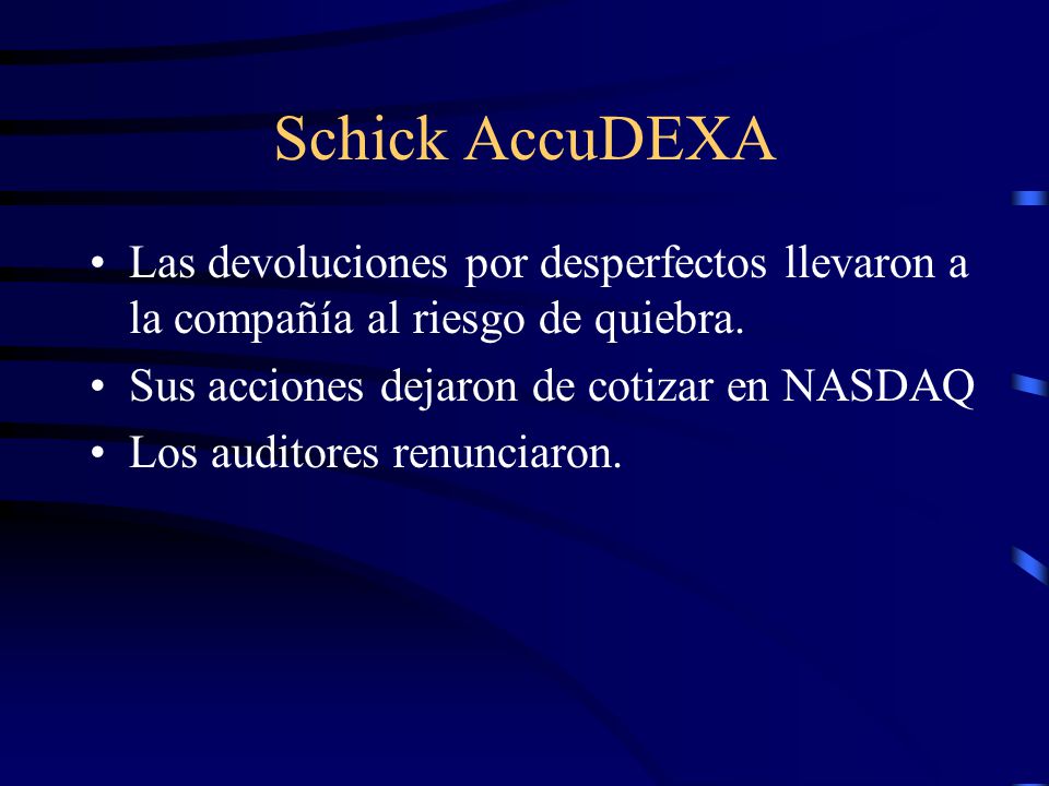Schick AccuDEXA Las devoluciones por desperfectos llevaron a la compañía al riesgo de quiebra. Sus acciones dejaron de cotizar en NASDAQ.