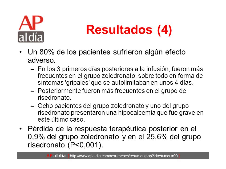 Resultados (4) Un 80% de los pacientes sufrieron algún efecto adverso.