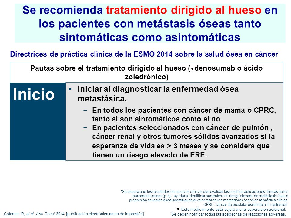 Se recomienda tratamiento dirigido al hueso en los pacientes con metástasis óseas tanto sintomáticas como asintomáticas