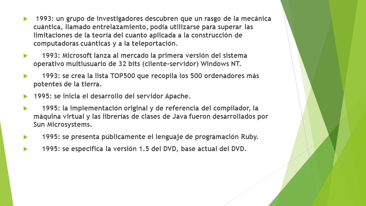 1993: un grupo de investigadores descubren que un rasgo de la mecánica cuántica, llamado entrelazamiento, podía utilizarse para superar las limitaciones de la teoría del cuanto aplicada a la construcción de computadoras cuánticas y a la teleportación.
