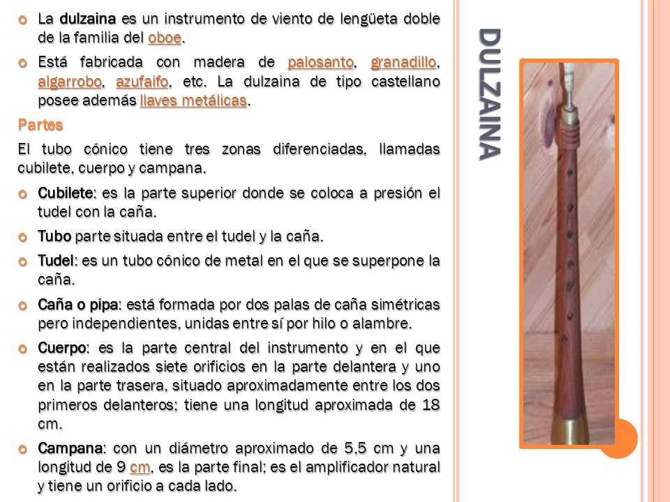 La dulzaina es un instrumento de viento de lengüeta doble de la familia del oboe.