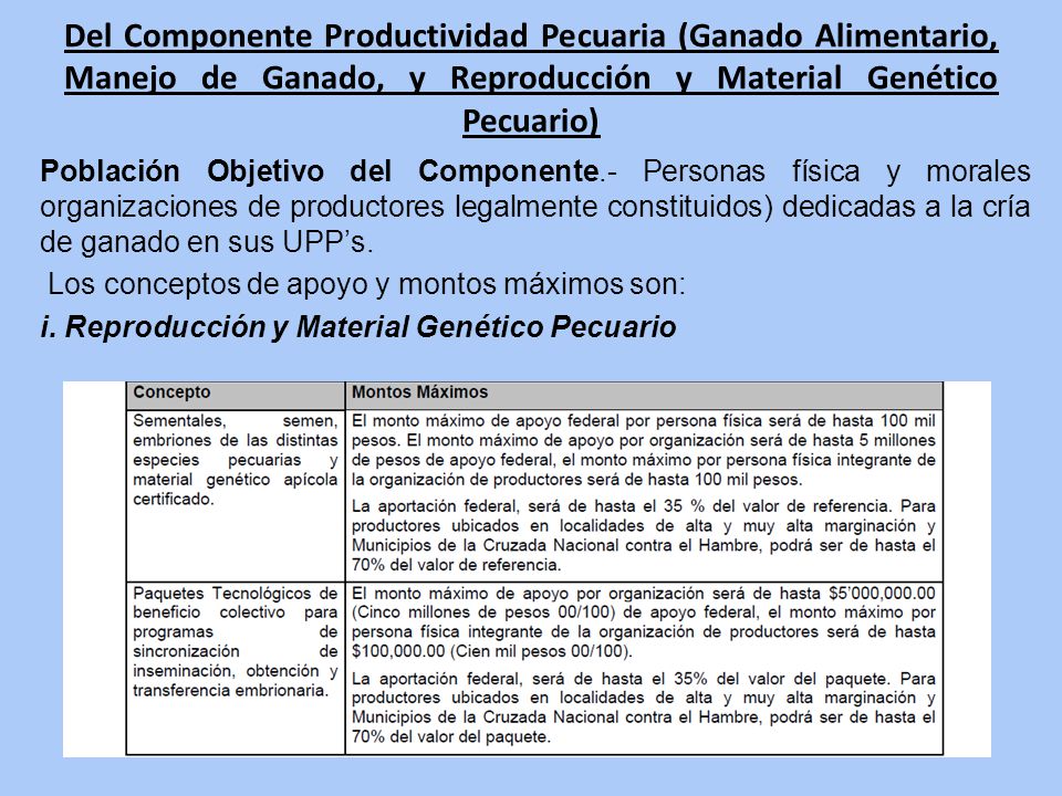 Del Componente Productividad Pecuaria (Ganado Alimentario, Manejo de Ganado, y Reproducción y Material Genético Pecuario)