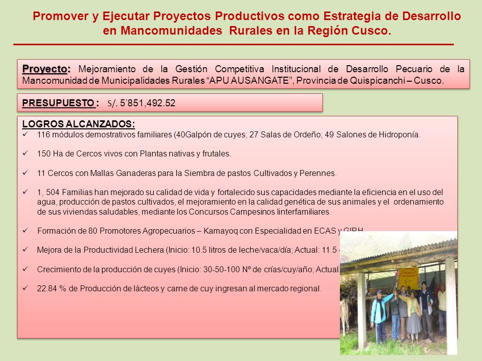 Promover y Ejecutar Proyectos Productivos como Estrategia de Desarrollo en Mancomunidades Rurales en la Región Cusco.