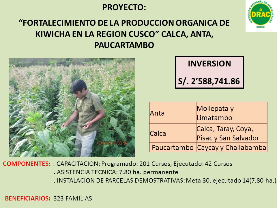PROYECTO: FORTALECIMIENTO DE LA PRODUCCION ORGANICA DE KIWICHA EN LA REGION CUSCO CALCA, ANTA, PAUCARTAMBO.