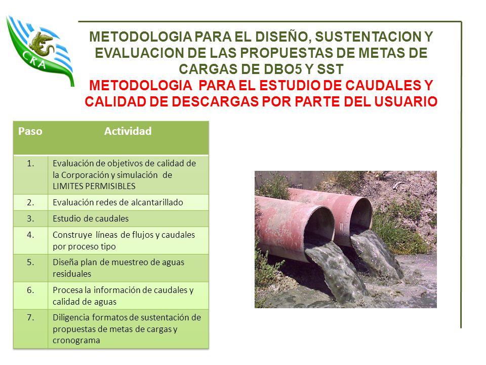 METODOLOGIA PARA EL DISEÑO, SUSTENTACION Y EVALUACION DE LAS PROPUESTAS DE METAS DE CARGAS DE DBO5 Y SST METODOLOGIA PARA EL ESTUDIO DE CAUDALES Y CALIDAD DE DESCARGAS POR PARTE DEL USUARIO