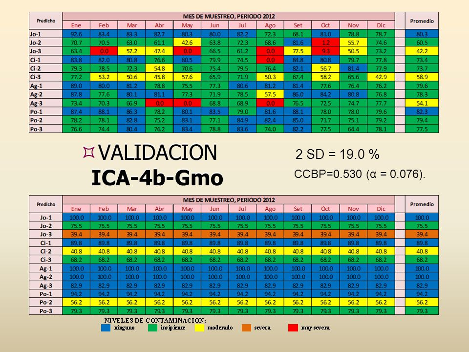 VALIDACION ICA-4b-Gmo 2 SD = 19.0 % CCBP=0.530 (α = 0.076).