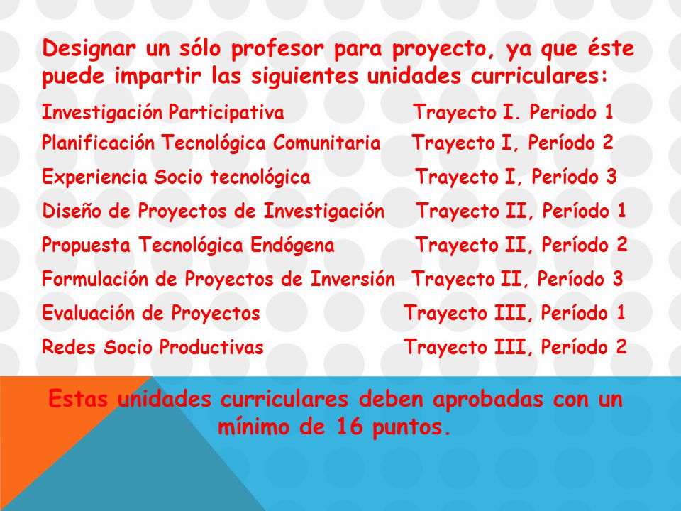 Designar un sólo profesor para proyecto, ya que éste puede impartir las siguientes unidades curriculares: