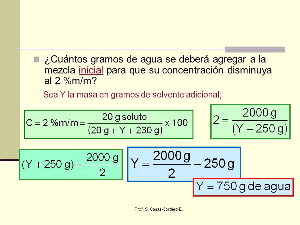¿Cuántos gramos de agua se deberá agregar a la mezcla inicial para que su concentración disminuya al 2 %m/m