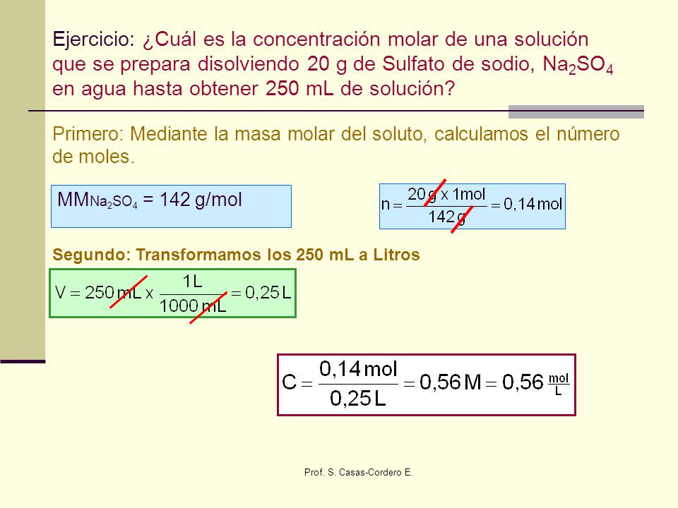 Ejercicio: ¿Cuál es la concentración molar de una solución que se prepara disolviendo 20 g de Sulfato de sodio, Na2SO4 en agua hasta obtener 250 mL de solución