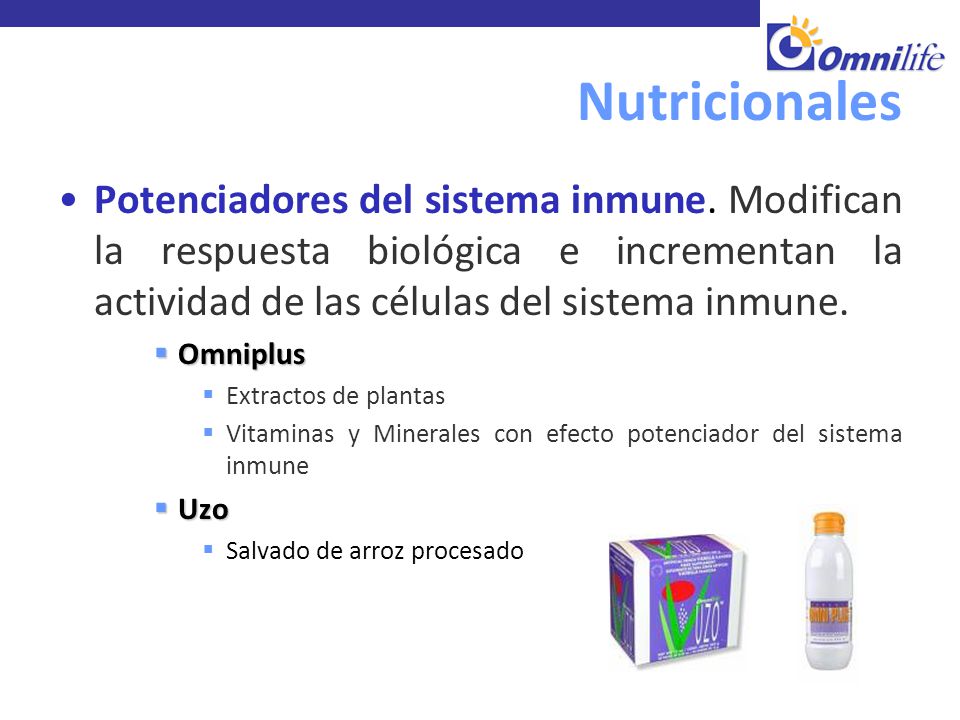 Nutricionales Potenciadores del sistema inmune. Modifican la respuesta biológica e incrementan la actividad de las células del sistema inmune.