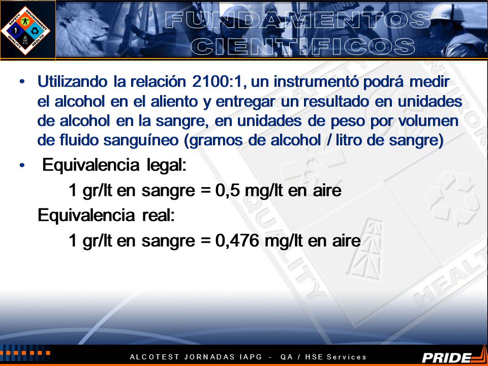FUNDAMENTOS CIENTIFICOS 1 gr/lt en sangre = 0,5 mg/lt en aire