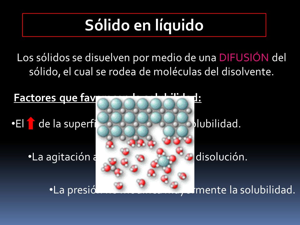 Sólido en líquido Los sólidos se disuelven por medio de una DIFUSIÓN del sólido, el cual se rodea de moléculas del disolvente.