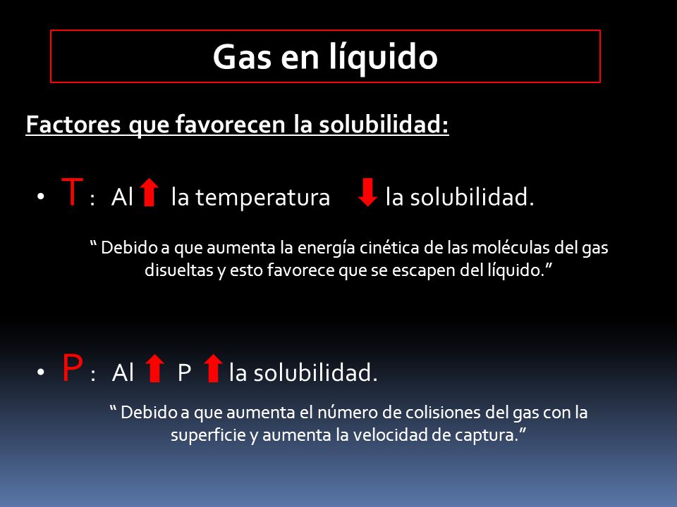 Gas en líquido Factores que favorecen la solubilidad:
